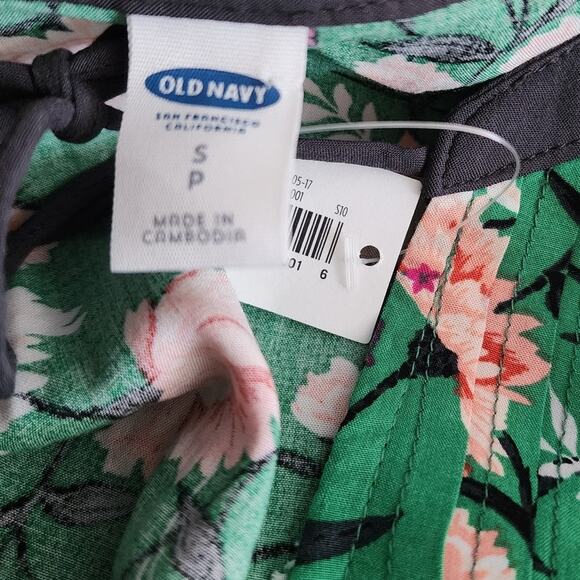 Old Navy Green Floral Ruched Tie Front Mini Long Sleeve Peasant Dress Size Small - Picture 5 of 6
